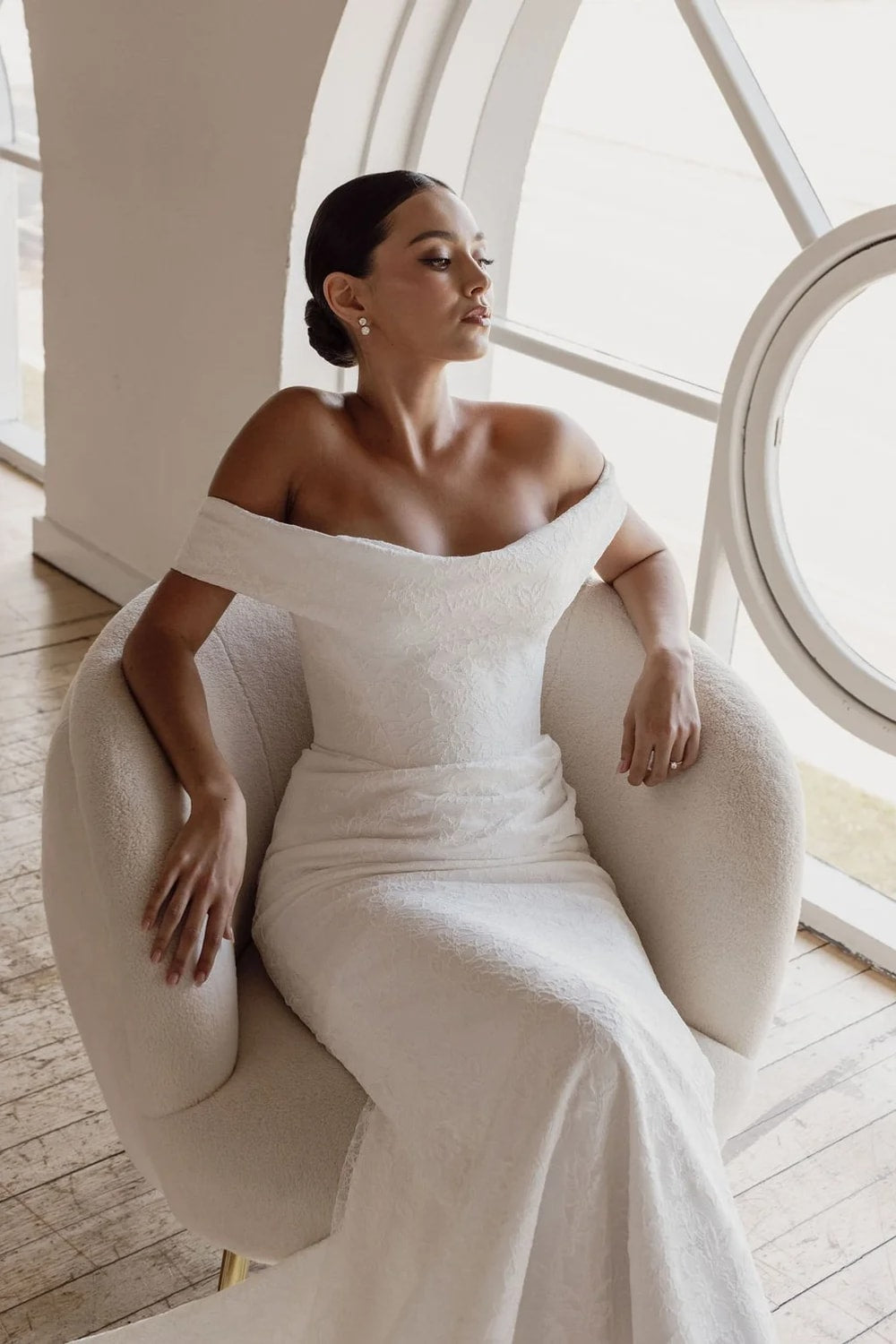 Plus-Size Modern and Sculpted Sheath Wedding Dress with Floral Lace by Trish Peng — image 3 of 5