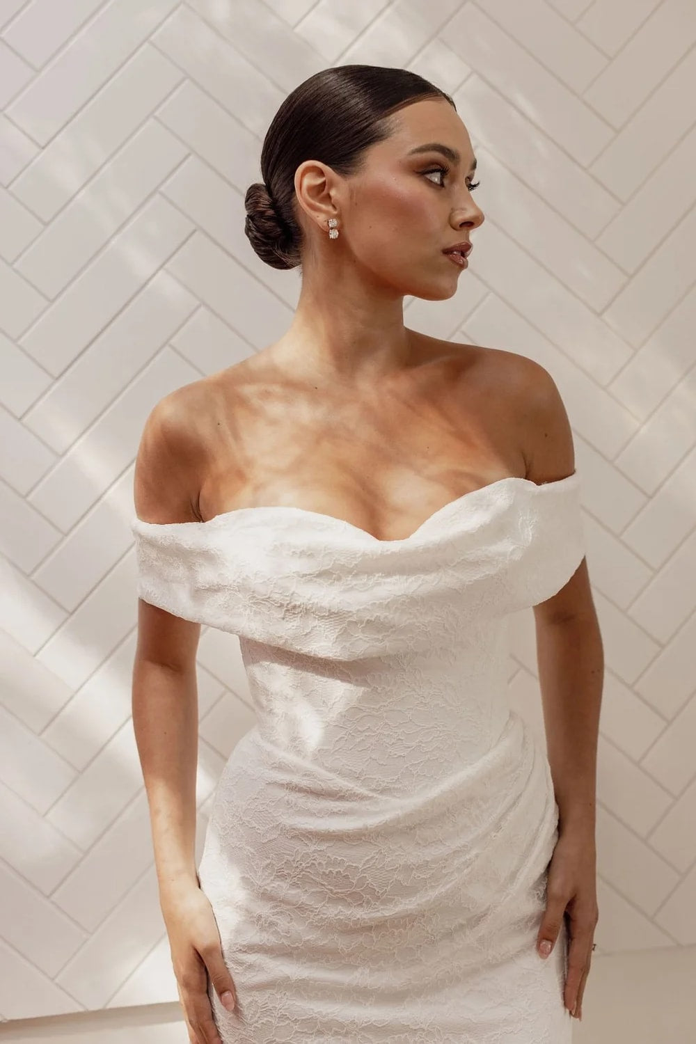 Plus-Size Modern and Sculpted Sheath Wedding Dress with Floral Lace by Trish Peng — image 2 of 5