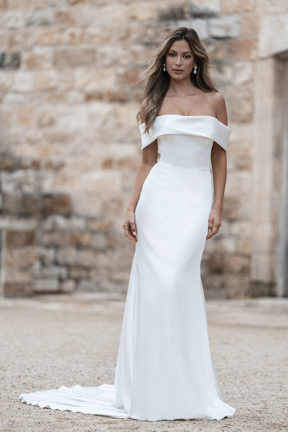Timeless Off-the-Shoulder Sheath Wedding Dress With Buttons And Bow by Allure Bridals