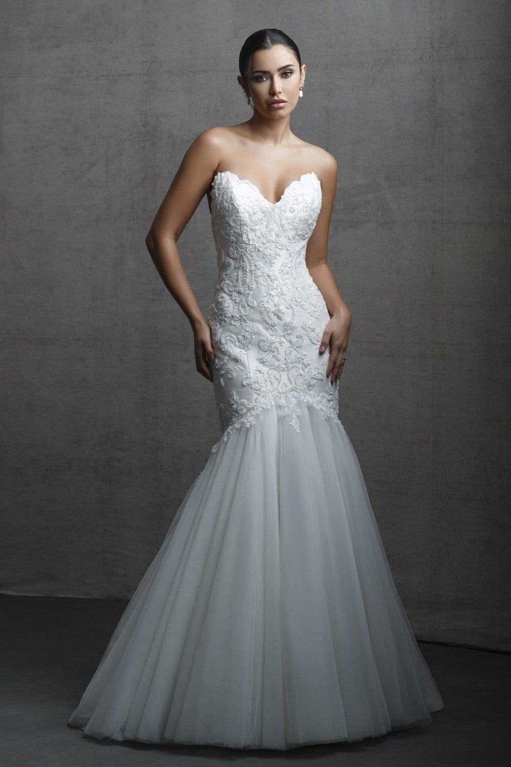 Dramatic Lace Mermaid Wedding Dress With Buttons by Allure Bridals — image 1 of 2