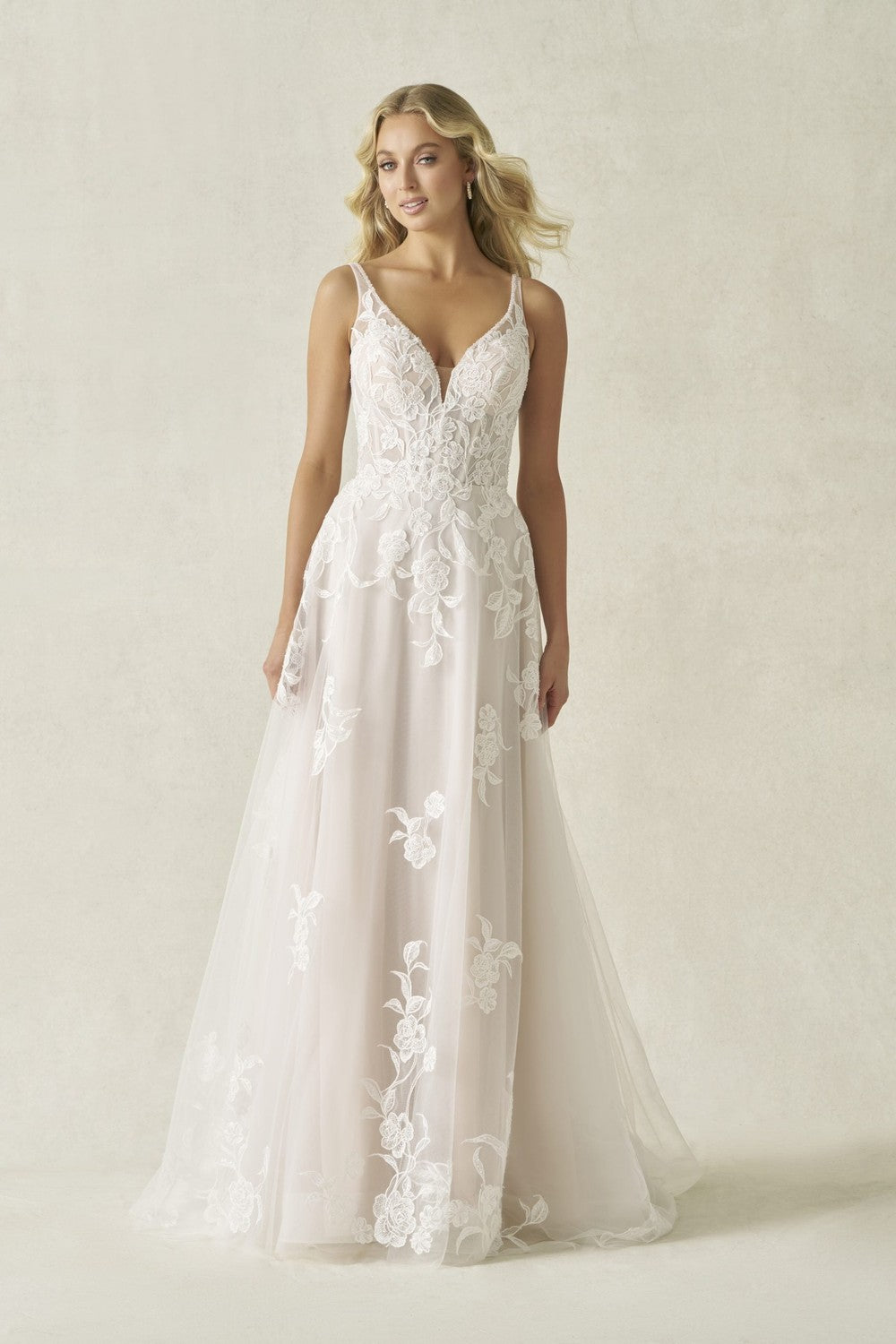 long sleeve maxi a line dress Floral Lace A‑Line Wedding Dress With Beaded Bodice