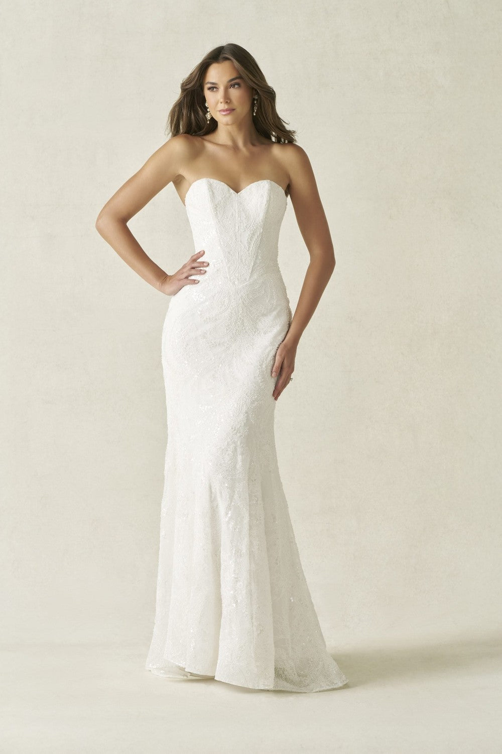 Modern Lace Sheath Wedding Dress With Detachable Overskirt by Allure Bridals — image 1 of 5
