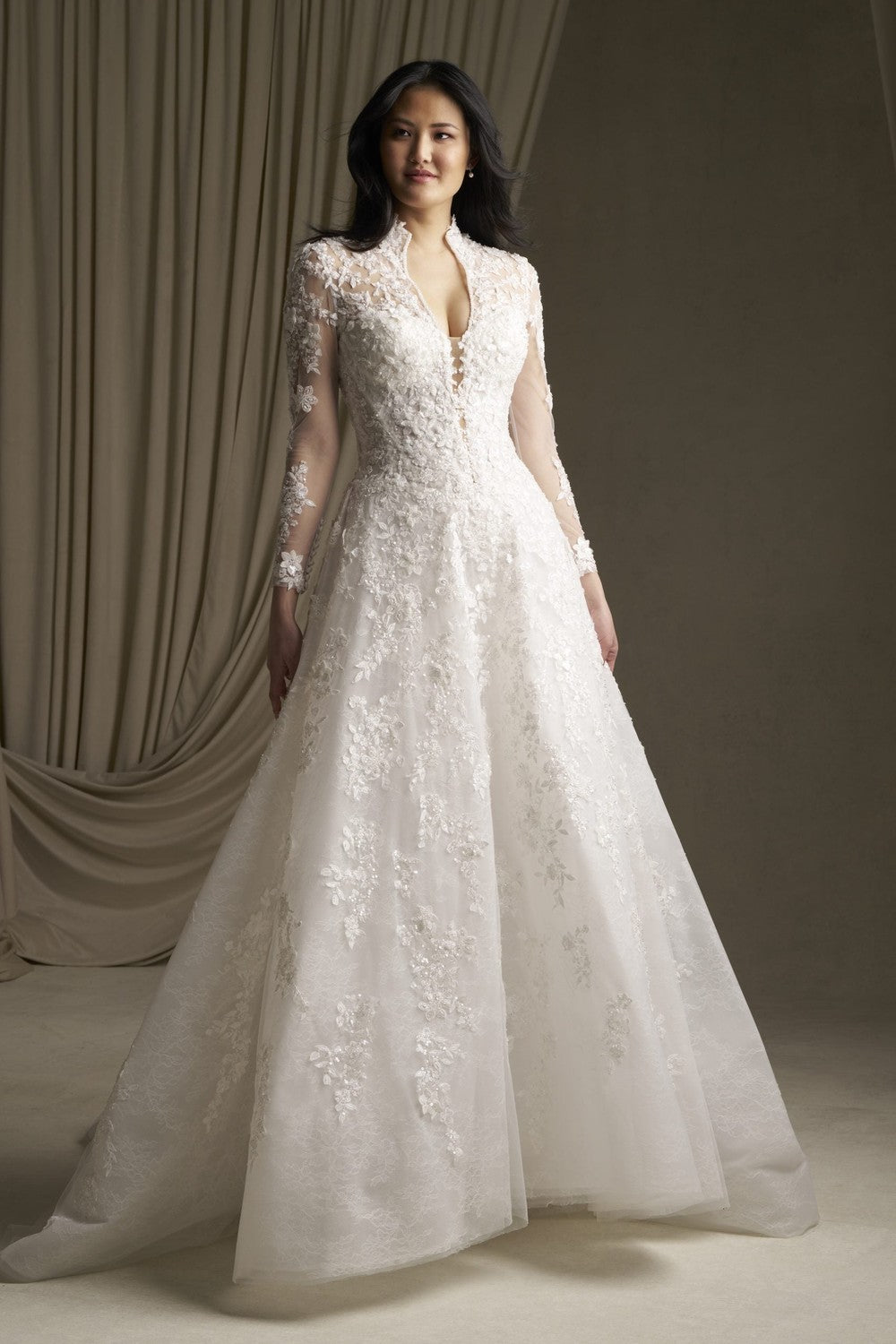 Plus-Size Regal Long Sleeve Sparkly Lace A-Line Wedding Dress With Buttons by Allure Bridals — image 1 of 2