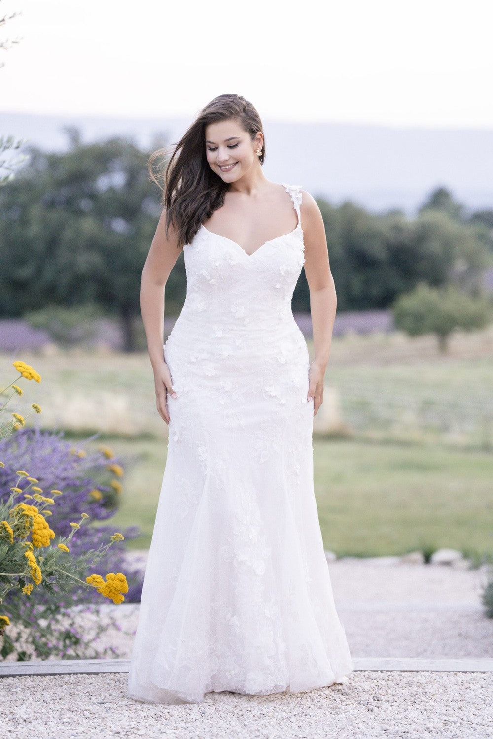 Plus-Size Ethereal 3D Floral Sheath Wedding Dress With Buttons by Allure Bridals — image 1 of 2