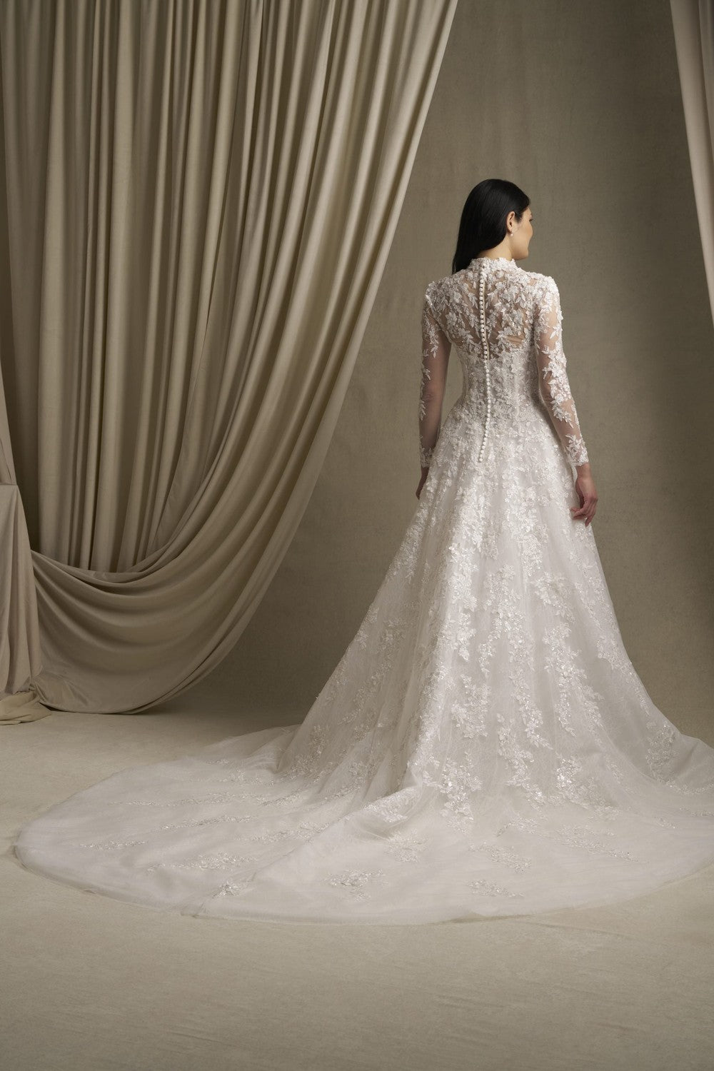 Romantic And Regal Long Sleeve Sparkly Lace A-Line Wedding Dress With Buttons by Allure Bridals — image 2 of 2