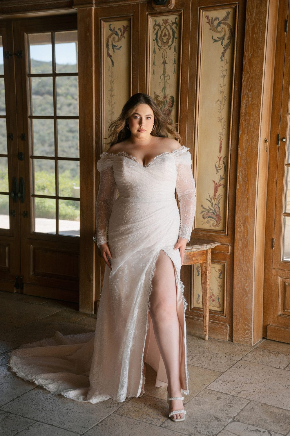 Plus-Size Romantic Lace Off-The-Shoulder Sheath Dress by Allure Bridals — image 1 of 3