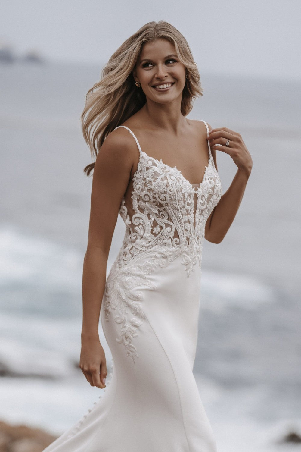 Romantic V-Neck Sheath Wedding Dress With Open Back And Buttons by Allure Bridals — image 1 of 2