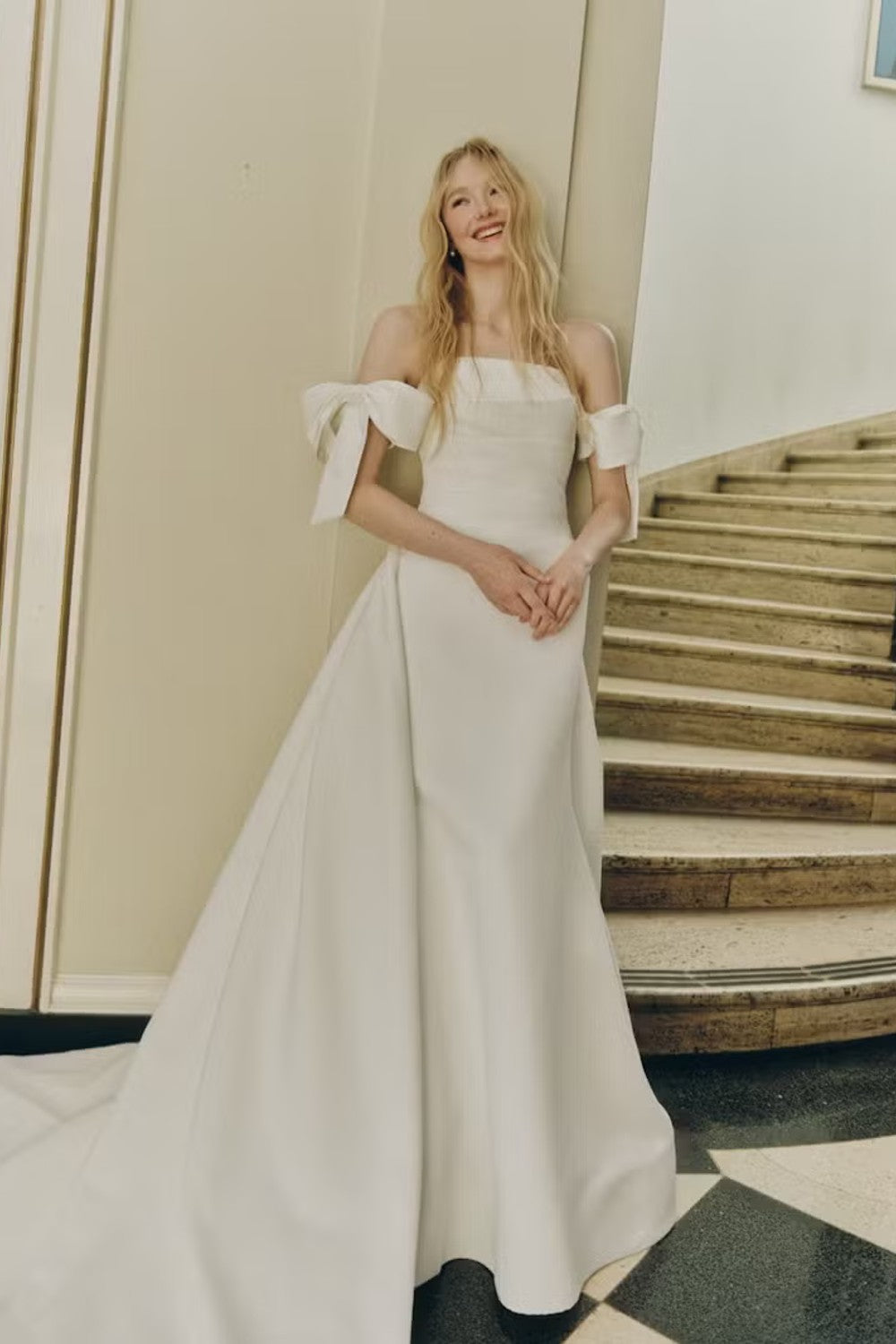 Chic And Modern Off-The-Shoulder Matte Satin Fit-And-Flare Wedding Dress With Buttons by Alyne by Rita Vinieris — image 1 of 2
