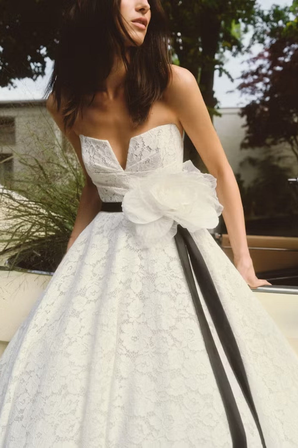 Strapless Lace Ball Gown With Black Belt And 3D Flower by Alyne by Rita Vinieris — image 2 of 3