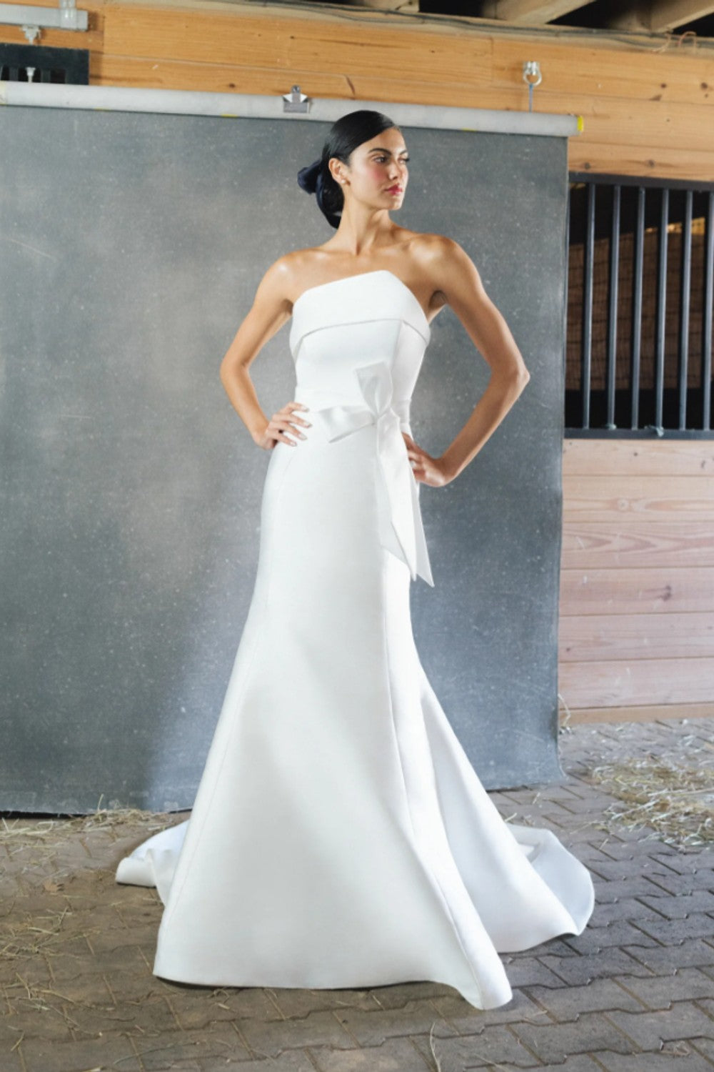Chic And Modern Trumpet Gown With Asymmetrical Neckline And Bow by Anne Barge