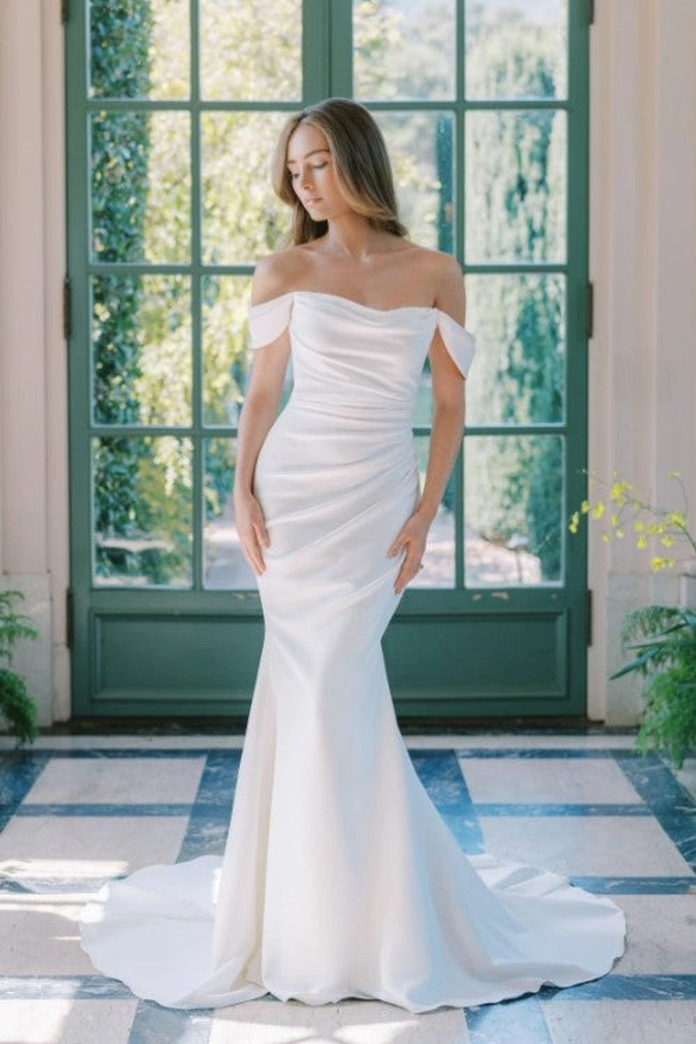 Timeless and Elegant Off-The-Shoulder Fit-and-Flare Wedding Dress by Anne Barge — image 1 of 2