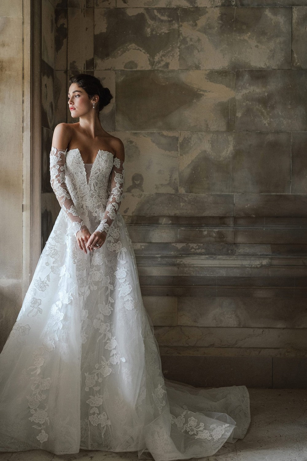 Romantic And Modern Floral Lace Ball Gown With Detachable Sleeves by Anne Barge — image 1 of 2