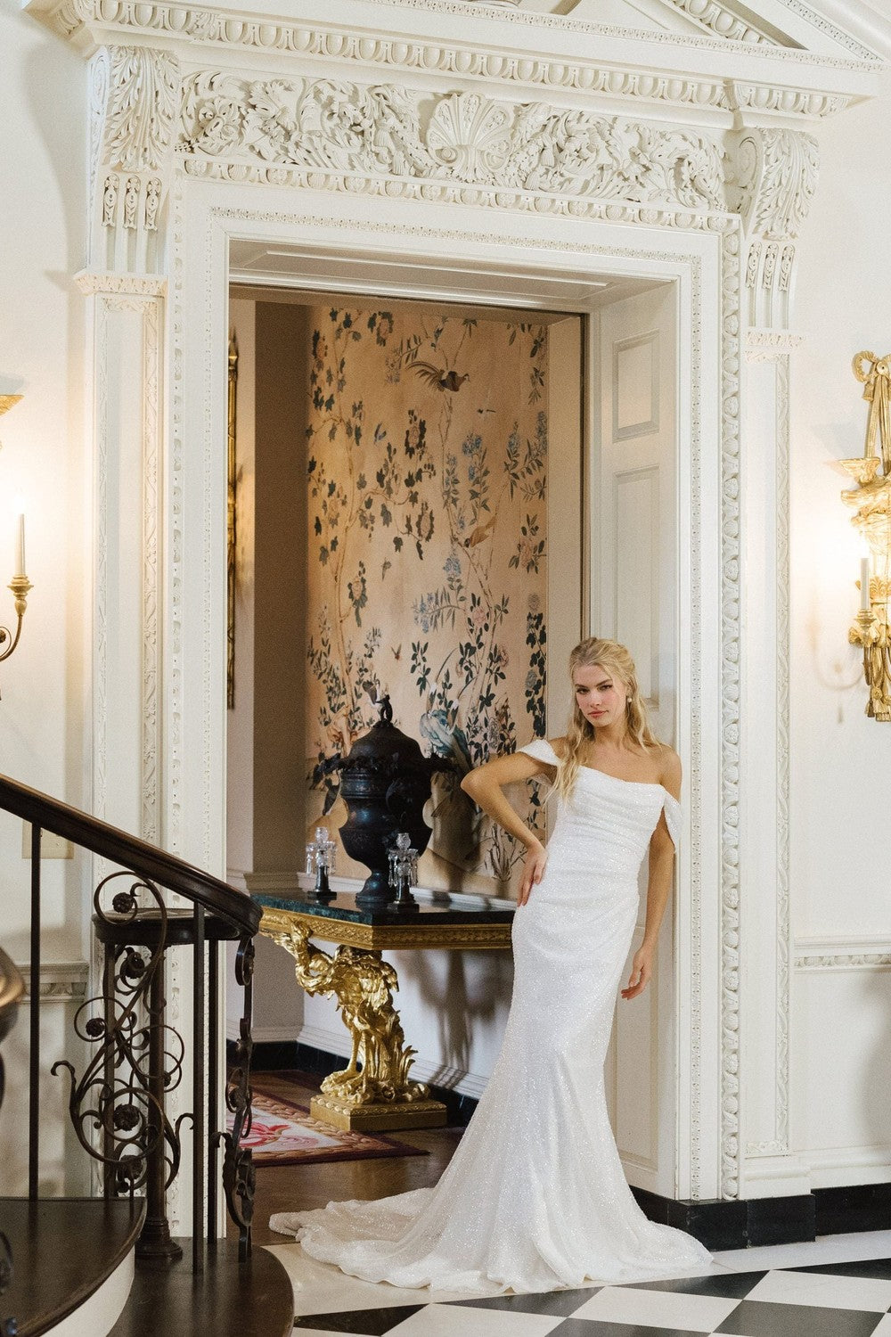 Beaded Off-the-Shoulder Sheath Gown by Anne Barge