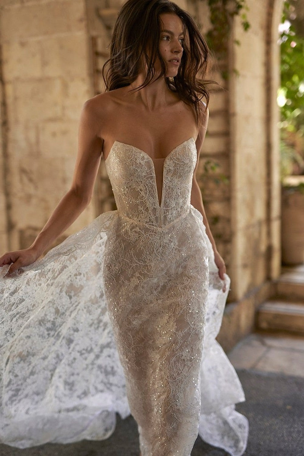 Chic And Glamorous Sparkly Lace Sheath Wedding Dress With Detachable Overskirt by Arava Polak — image 1 of 2