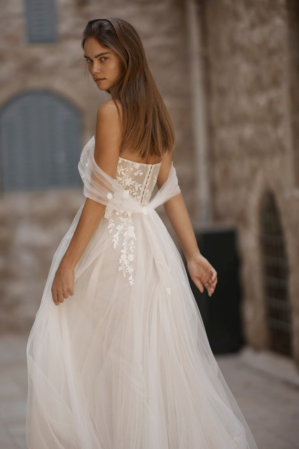 Off-The-Shoulder Tulle A-Line Wedding Dress With Slit by Arava Polak — image 2 of 2