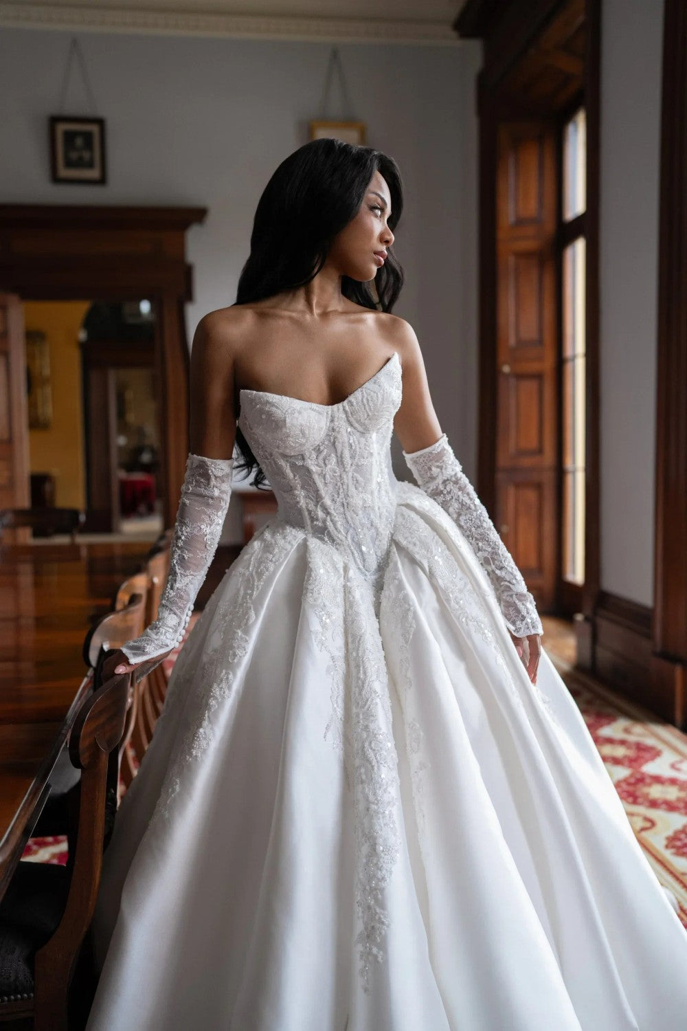 Beaded Mikado Ball Gown With Open Basque Waist