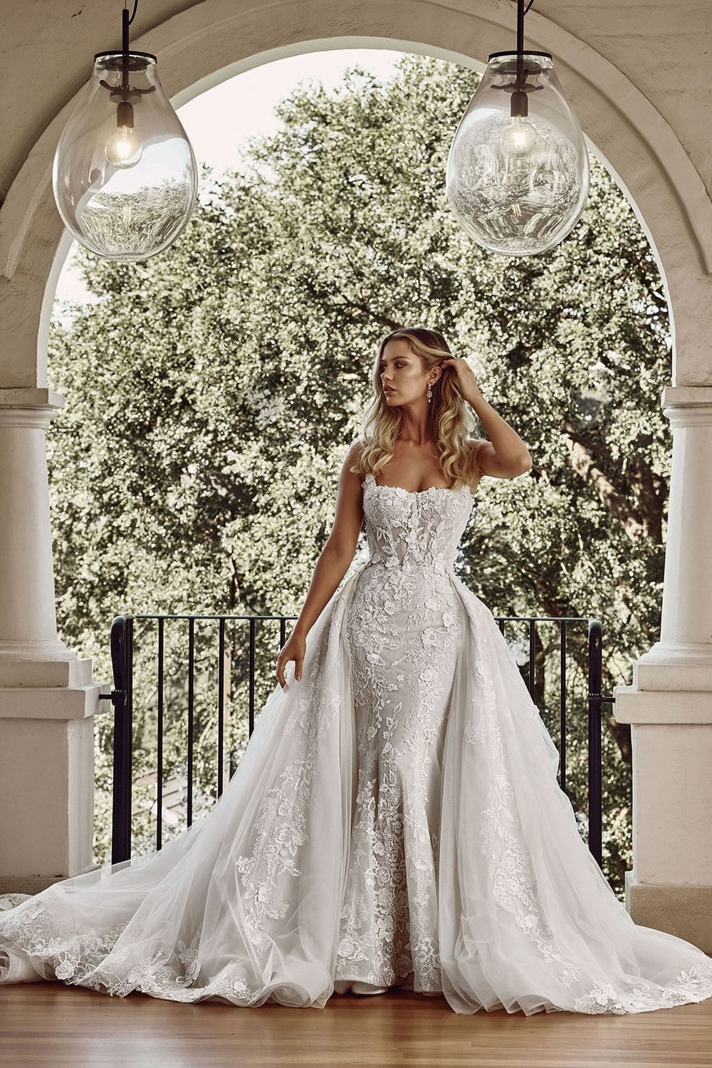 Embellished Square-Neck Fit-and-Flare Wedding Dress With Overskirt by Blanche Bridal — image 3 of 4