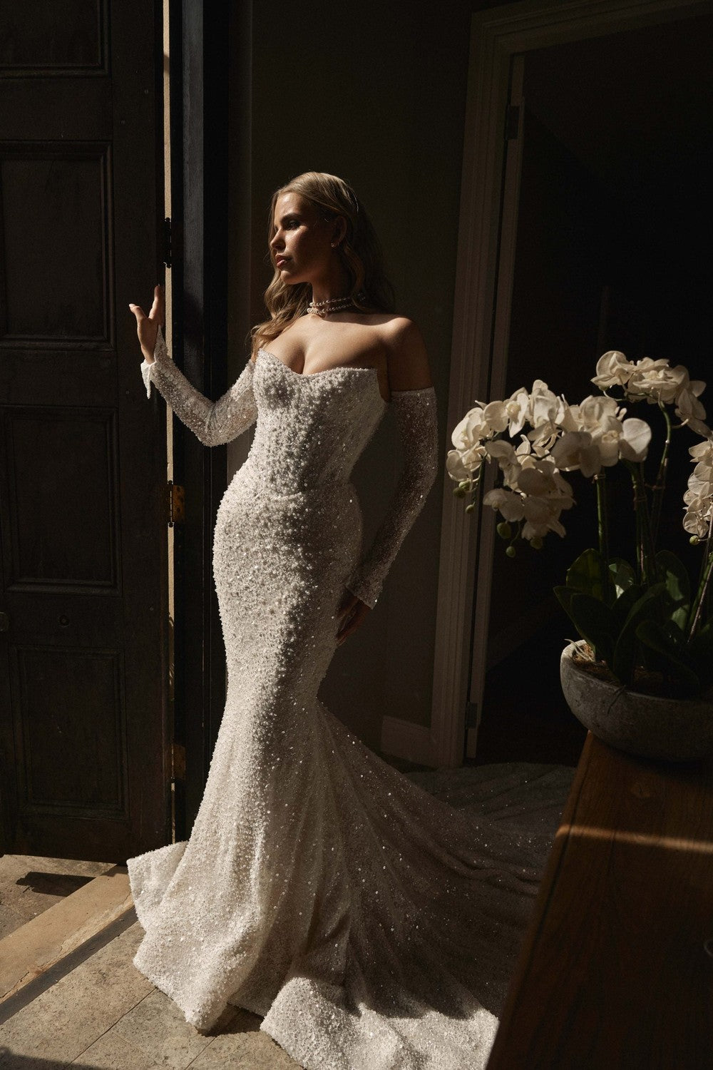 Shimmering Fit-and-Flare Wedding Dress With Detachable Sleeves by Blanche Bridal — image 1 of 2