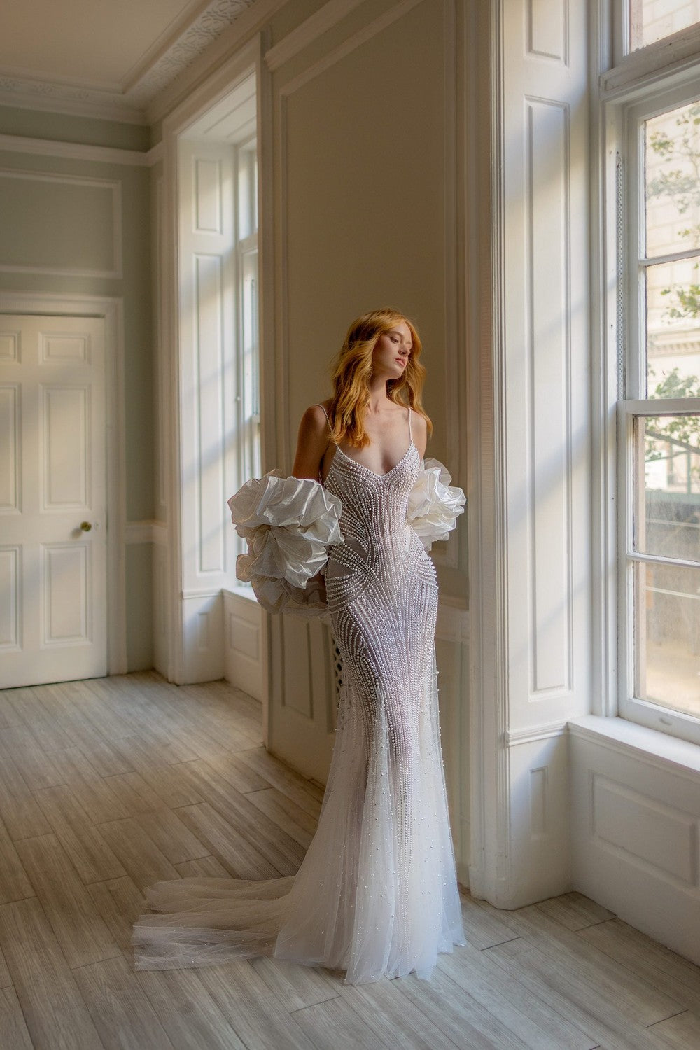 Chic and Modern Pearl Embellished Fit-and-Flare Wedding Dress by Pnina Tornai — image 1 of 4