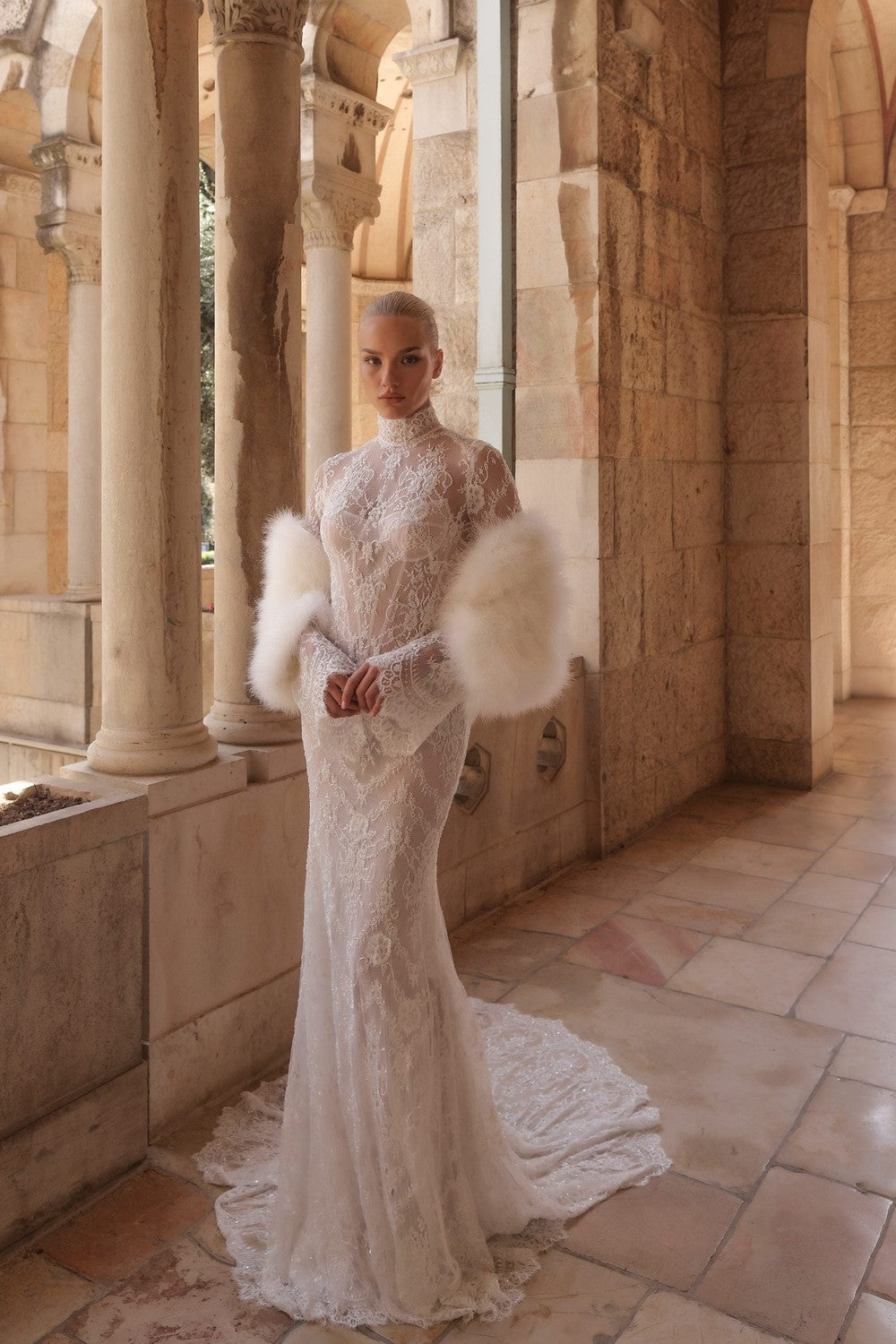 Chic And Romantic High-Neck Long Sleeve Lace Sheath Wedding Dress by Pnina Tornai — image 2 of 2