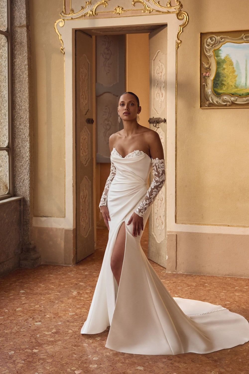 Chic and Sexy Off-The-Shoulder Long Sleeve Sheath Wedding Dress by Justin Alexander