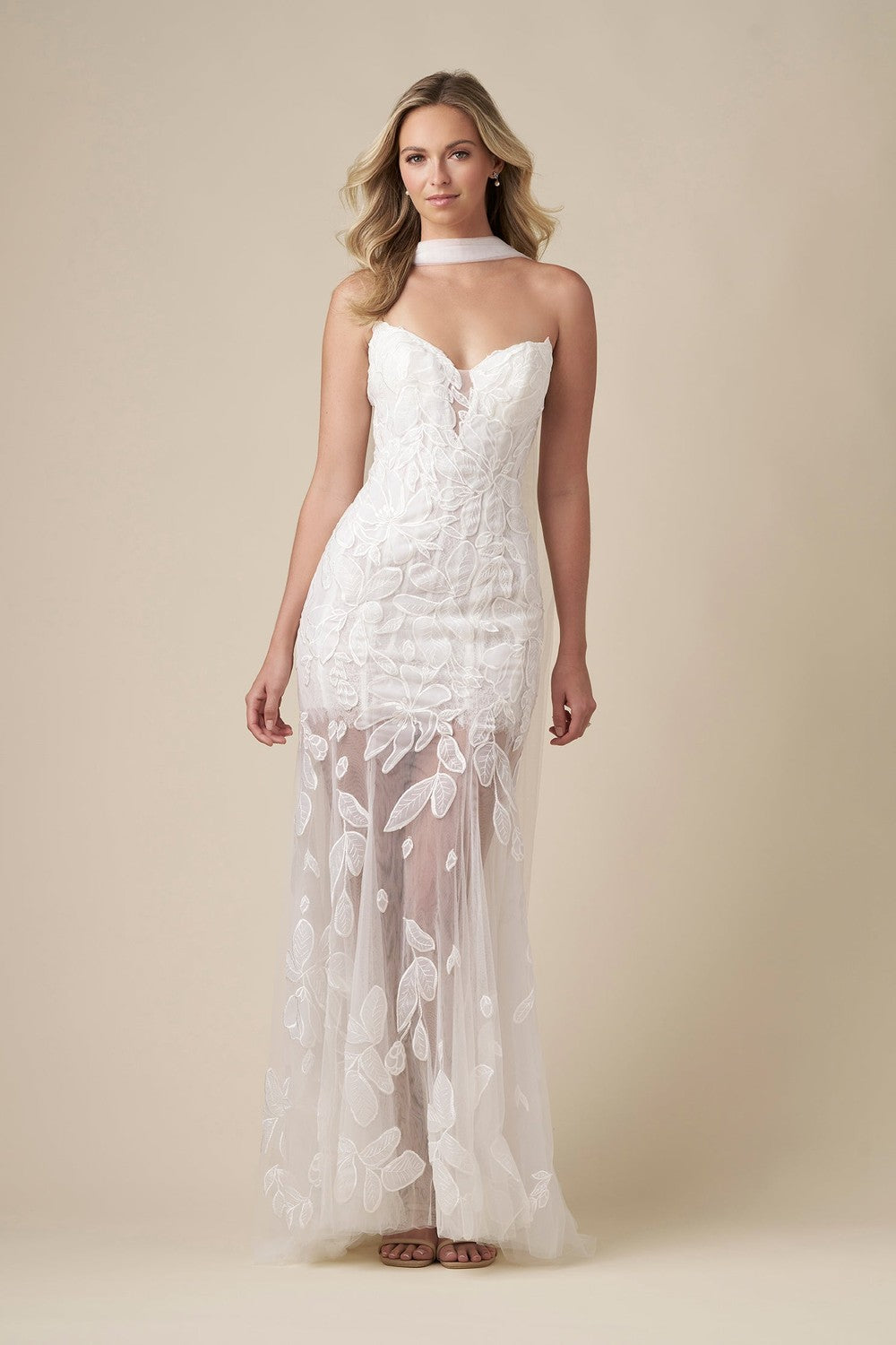 Chic And Modern Floral-Embroidered Sheath Wedding Dress With Neck Scarf by Danielle Caprese — image 1 of 4