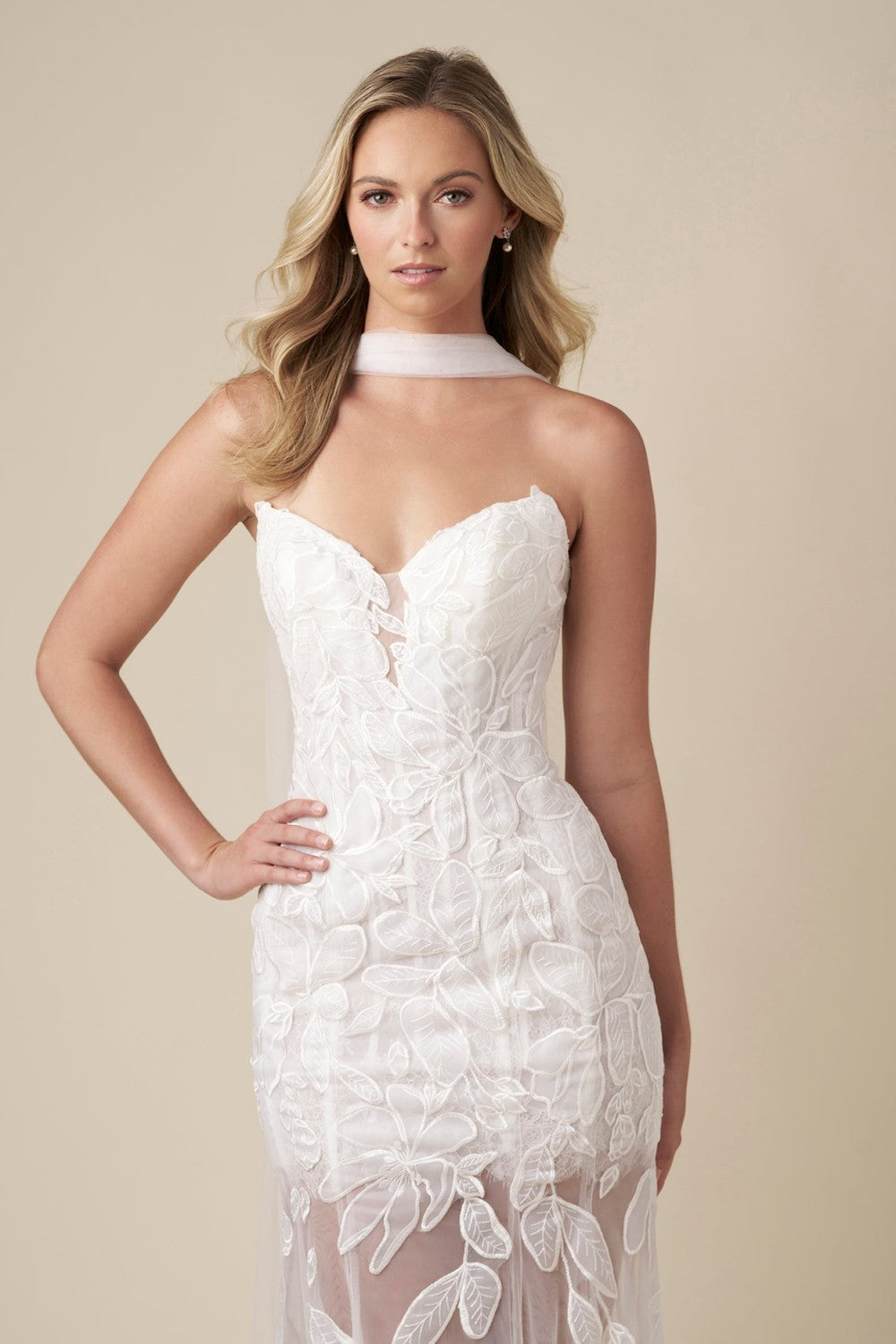 Chic And Modern Floral-Embroidered Sheath Wedding Dress With Neck Scarf by Danielle Caprese — image 2 of 4
