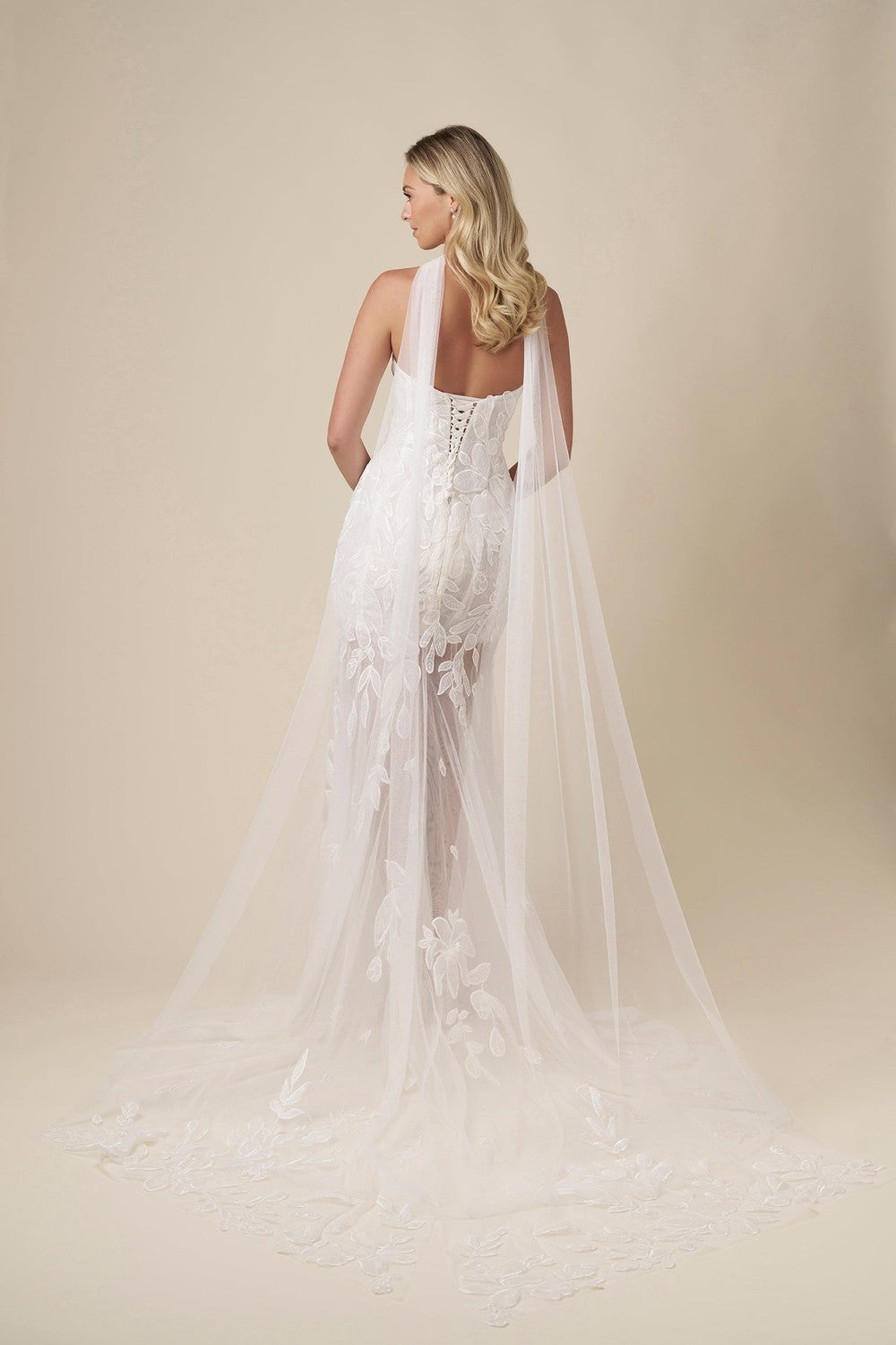 Chic And Modern Floral-Embroidered Sheath Wedding Dress With Neck Scarf by Danielle Caprese — image 3 of 4