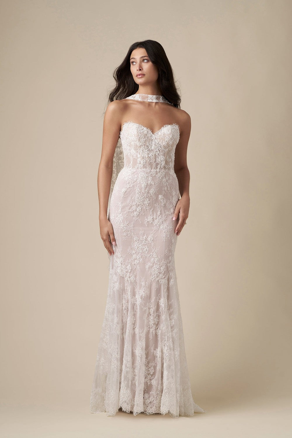 Chic And Romantic Lace Sheath Wedding Dress With Neck Scarf by Danielle Caprese — image 1 of 2