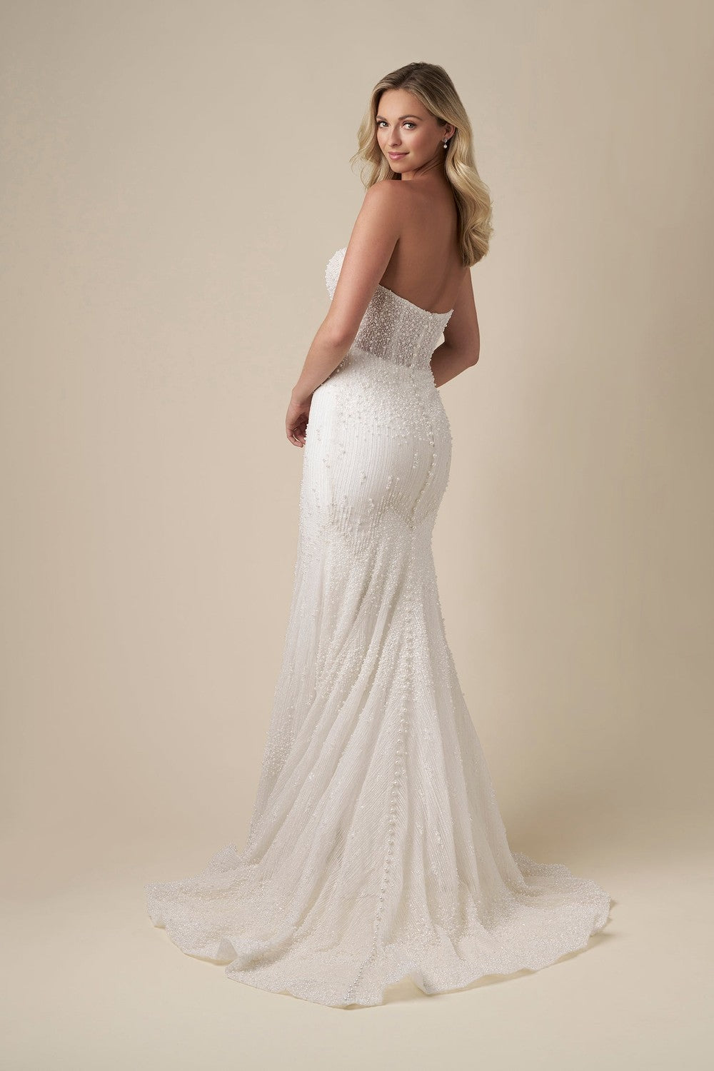 Chic Pearl-Adorned Sheath Wedding Dress With Tulle Overskirt by Danielle Caprese — image 4 of 4