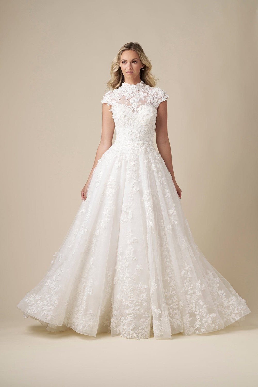 High-Neck Cap Sleeve Floral A-Line Wedding Dress With Buttons