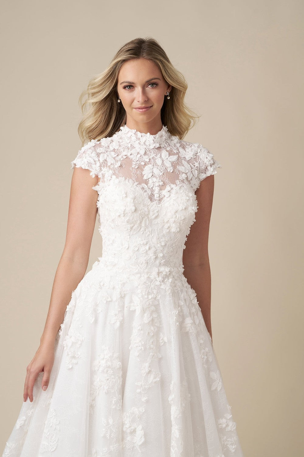 High-Neck Cap Sleeve Floral A-Line Wedding Dress With Buttons by Danielle Caprese — image 2 of 3