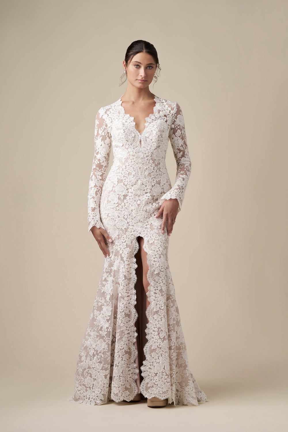 Long Sleeve Lace Sheath Wedding Dress With Open Back And Slit by Danielle Caprese — image 1 of 3