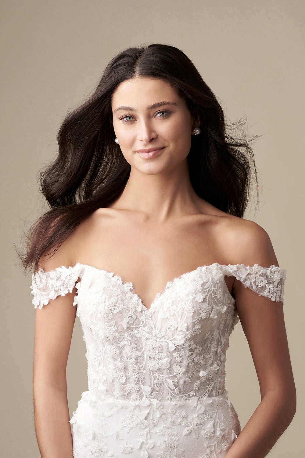 Romantic Off-The-Shoulder Floral Sheath Wedding Dress With Detachable Overskirt by Danielle Caprese — image 2 of 6