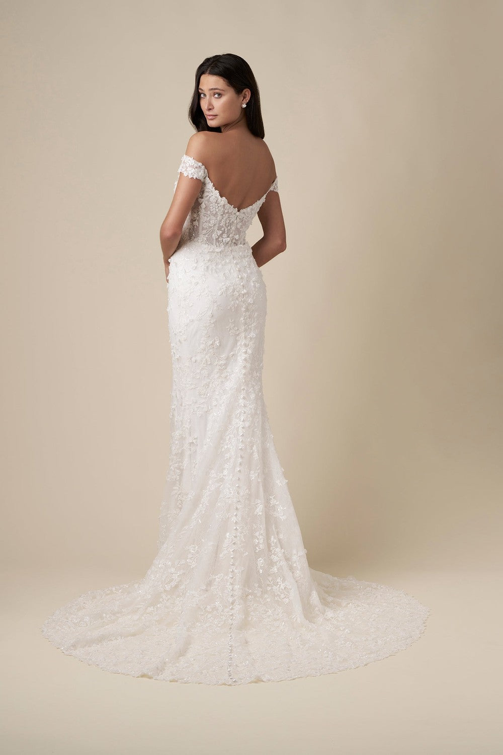 Romantic Off-The-Shoulder Floral Sheath Wedding Dress With Detachable Overskirt by Danielle Caprese — image 3 of 6