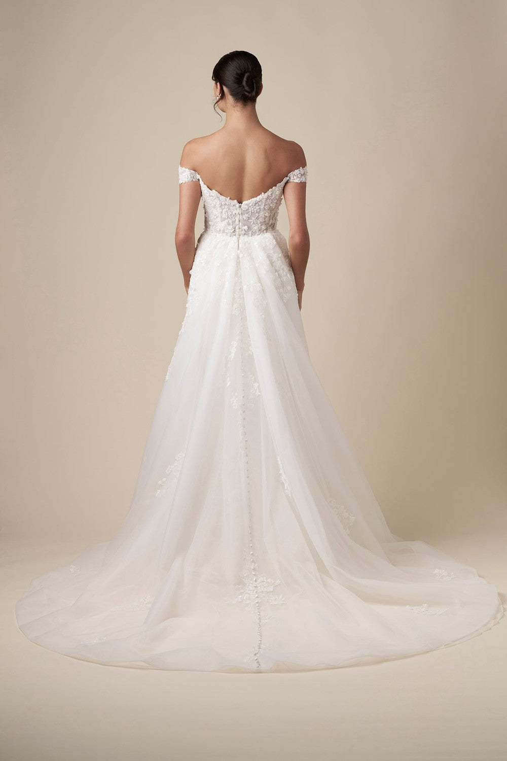 Romantic Off-The-Shoulder Floral Sheath Wedding Dress With Detachable Overskirt by Danielle Caprese — image 6 of 6