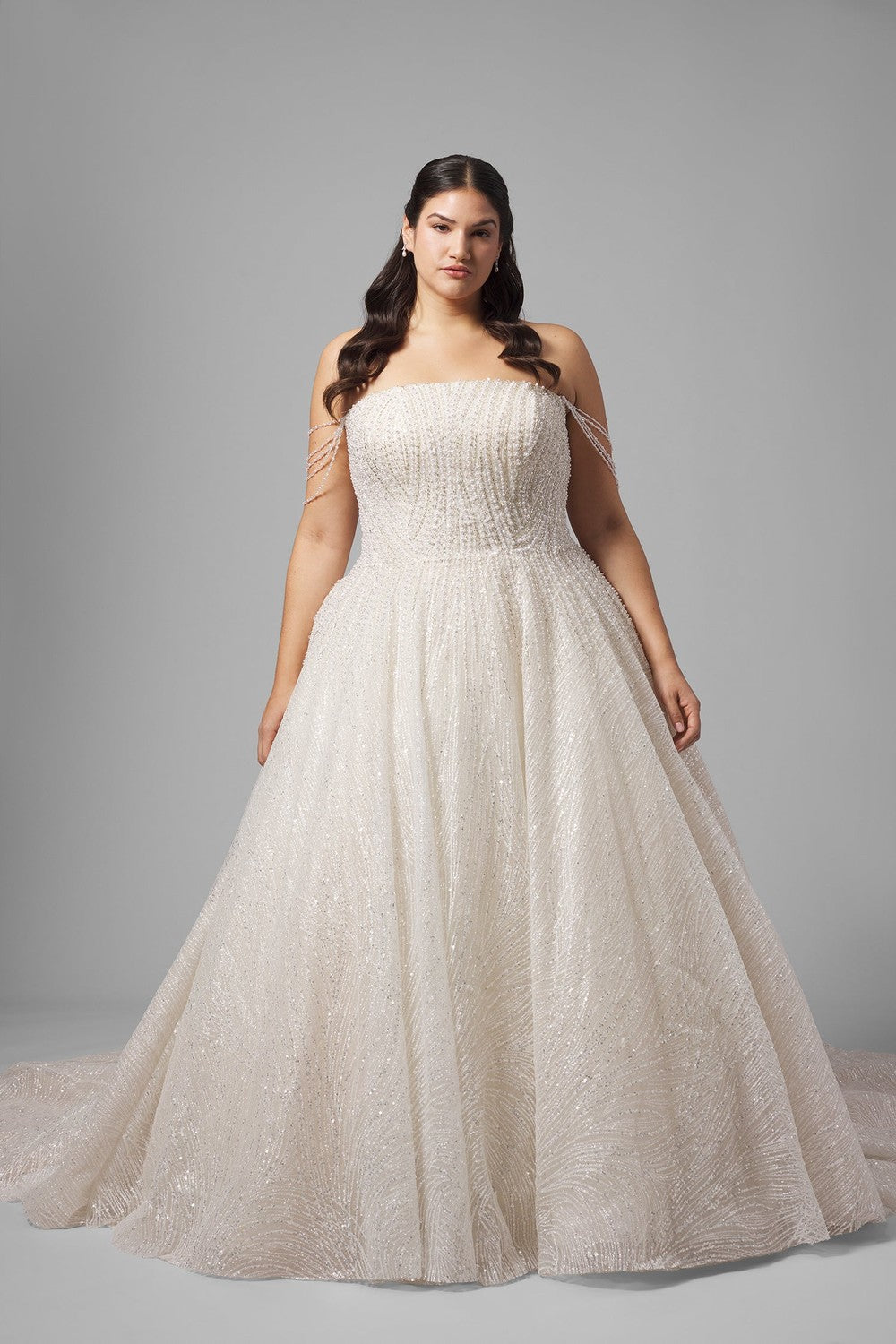 Plus-Size Celestial Beaded Tulle Ball Gown With Detachable Cap by Demetrios — image 1 of 3