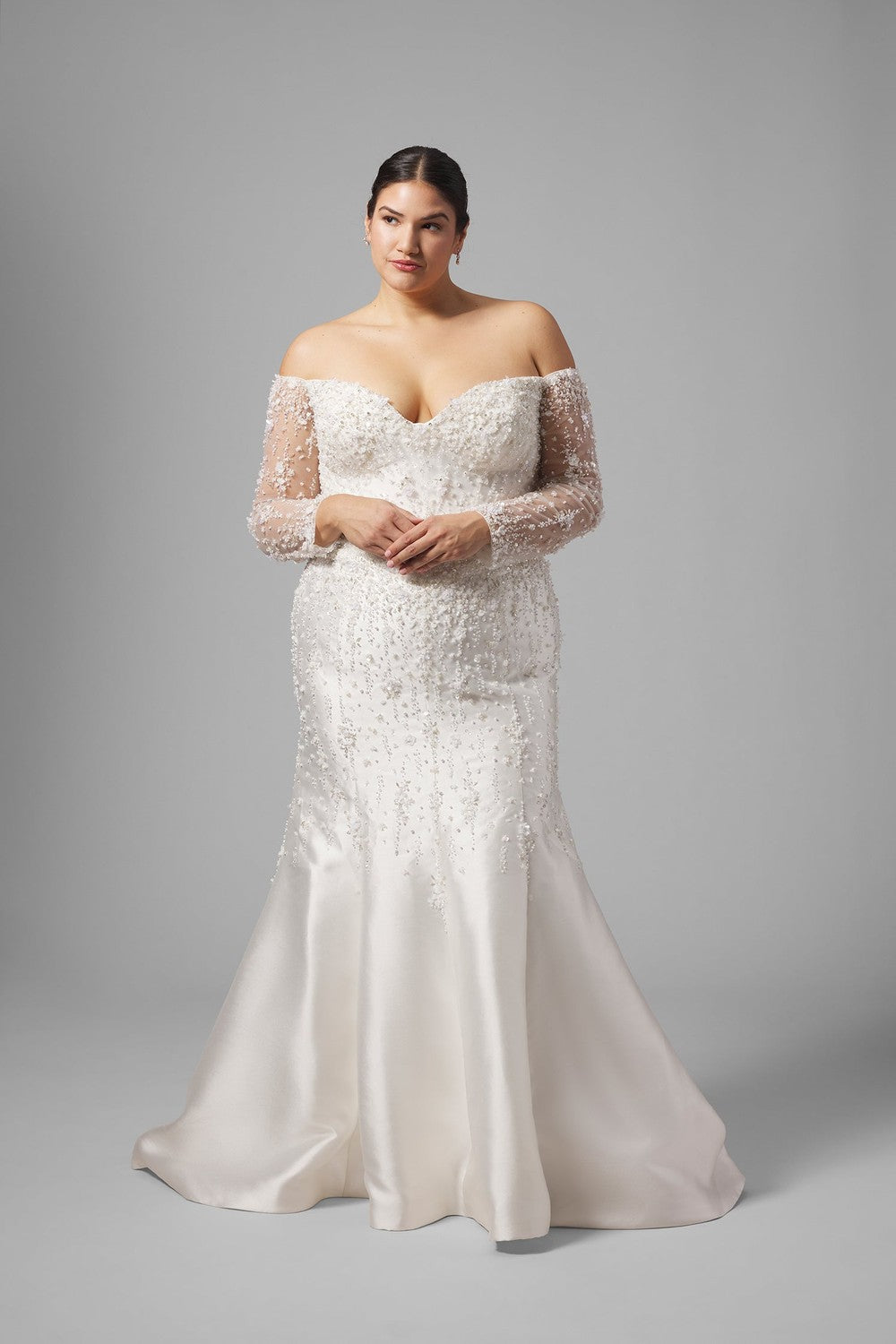 Plus-Size Off-The-Shoulder Long Sleeve Fit-And-Flare Wedding Dress by Demetrios — image 1 of 4