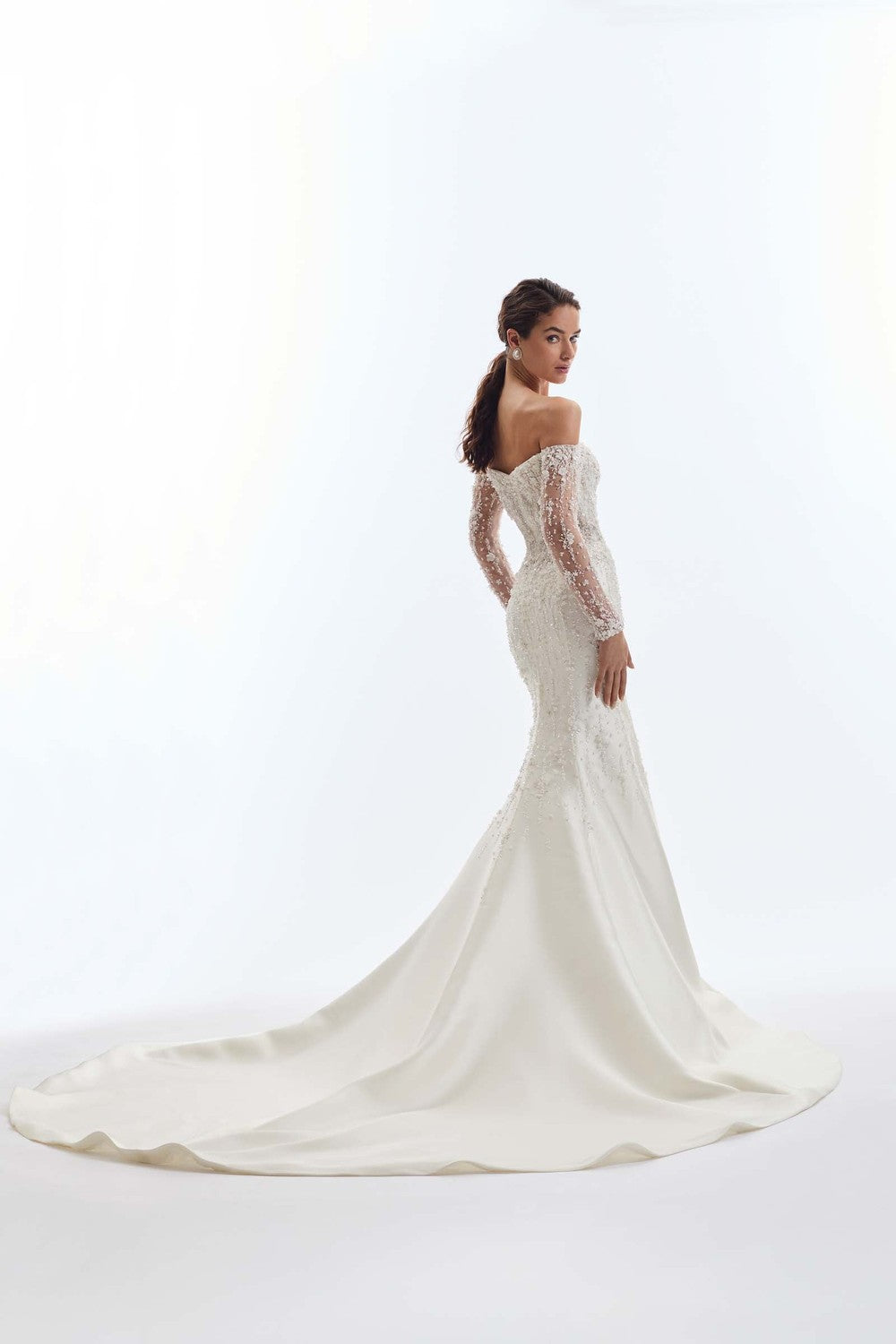 Off-The-Shoulder Long Sleeve Fit-And-Flare Wedding Dress by Demetrios — image 2 of 2