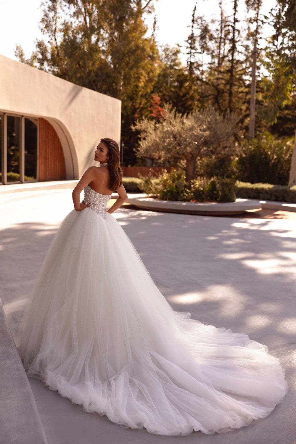 Modern And Dramatic Pearl-Embellished Tulle Ball Gown by Demetrios — image 2 of 2