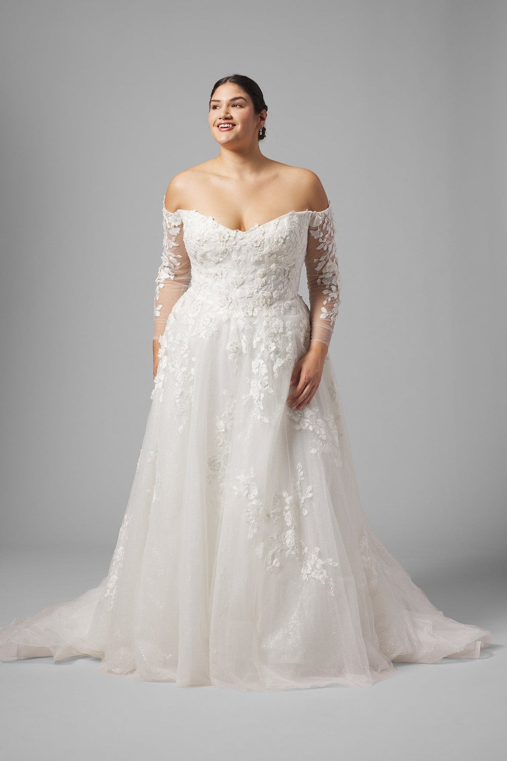 Plus-Size Off-The-Shoulder Long Sleeve Tulle A-Line Wedding Dress | Kleinfeld Bridal Plus-Size Off-The-Shoulder Long Sleeve Tulle A-Line Wedding Dress | Kleinfeld Bridal