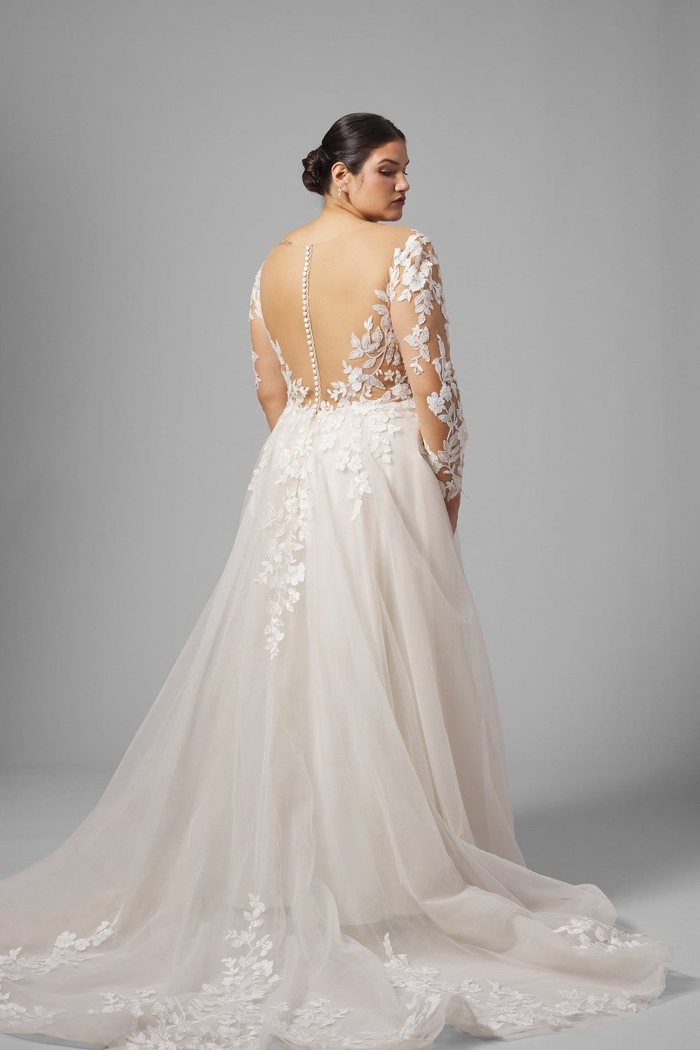 Plus-Size Ethereal Illusion A-Line Wedding Dress With Buttons by Demetrios — image 2 of 4