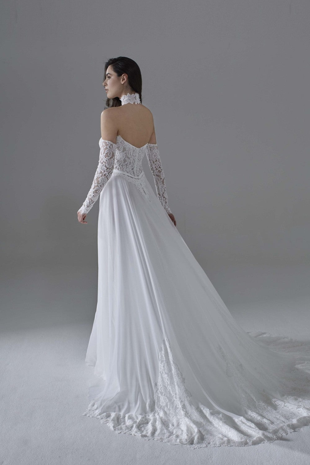 Elegant And Ethereal Lace And Chiffon A-Line Wedding Dress With Detachable Sleeves by Maison Signore — image 2 of 2