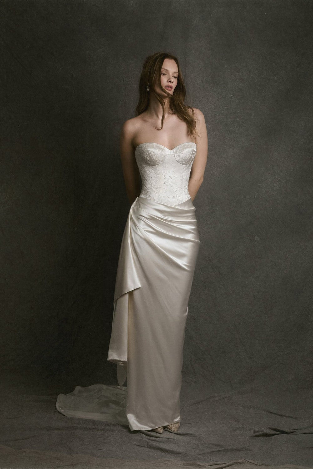 Chic And Sculptural Embroidered Sheath Wedding Dress With Neck Scarf | Kleinfeld Bridal Chic And Sculptural Embroidered Sheath Wedding Dress With Neck Scarf | Kleinfeld Bridal