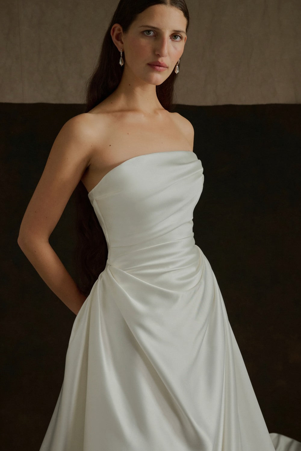 Strapless Satin A‑Line Wedding Dress With Flowing Train by Enaura Bridal — image 2 of 3