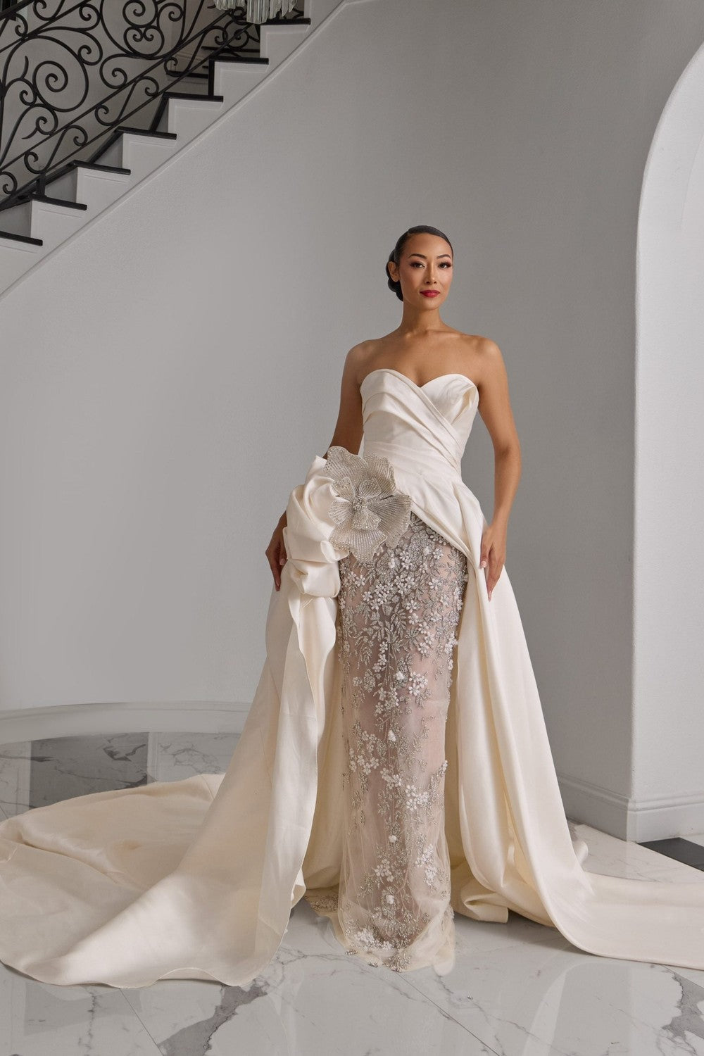 wedding dress with overskirt Mikayla Pearl Scoop Neckline Wedding Dress with Slit & Overskirt Detachable Overskirt / Scoop / Mesh main image 0