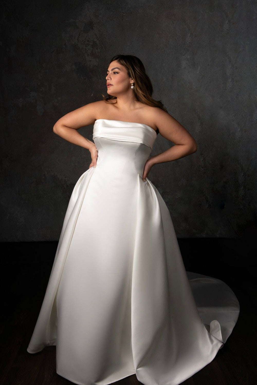 Plus-Size Strapless Jacquard Ball Gown With Buttons by Essense of Australia — image 1 of 4