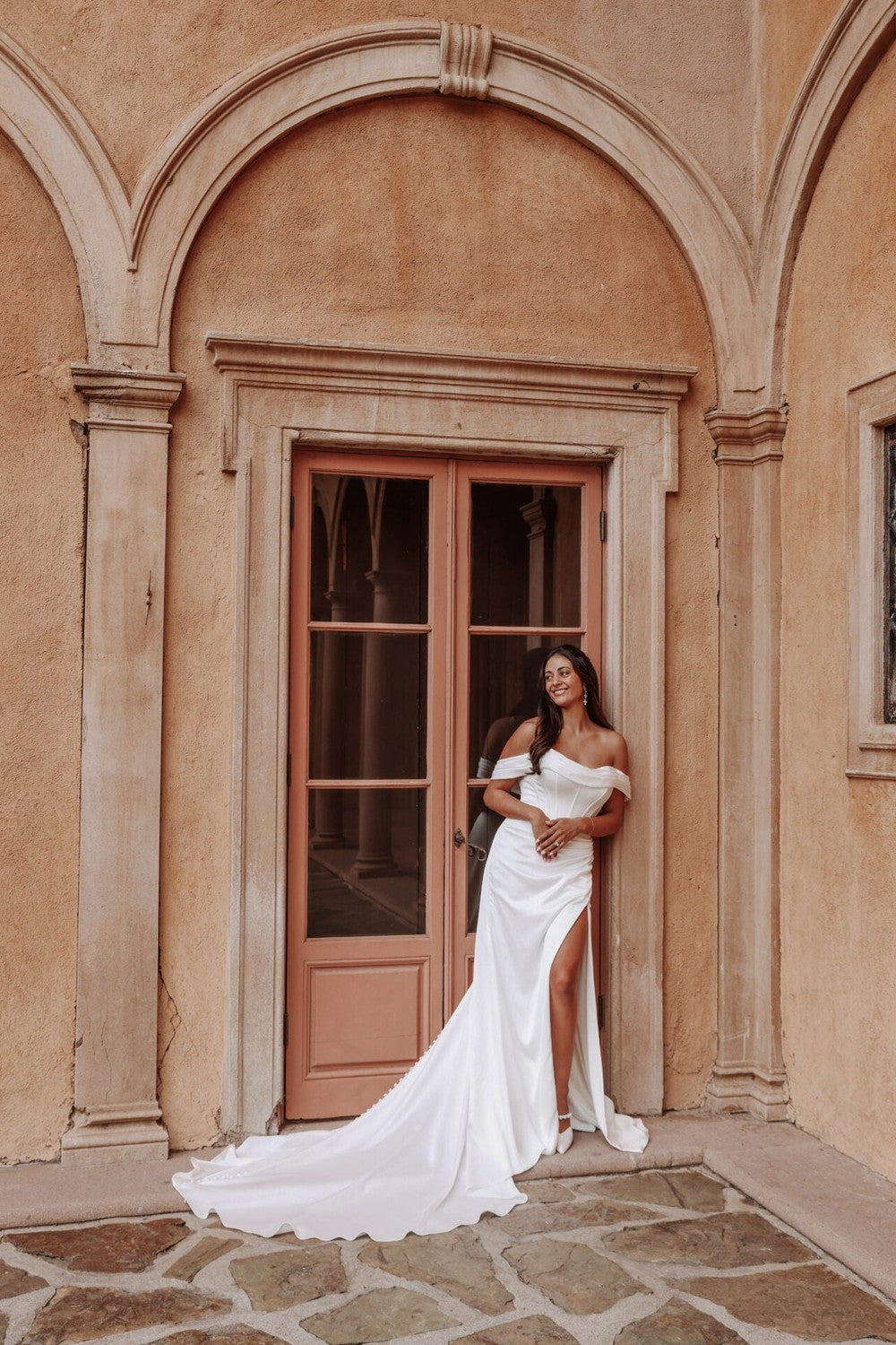 Fit-and-Flare Gown With Slit And Shawl