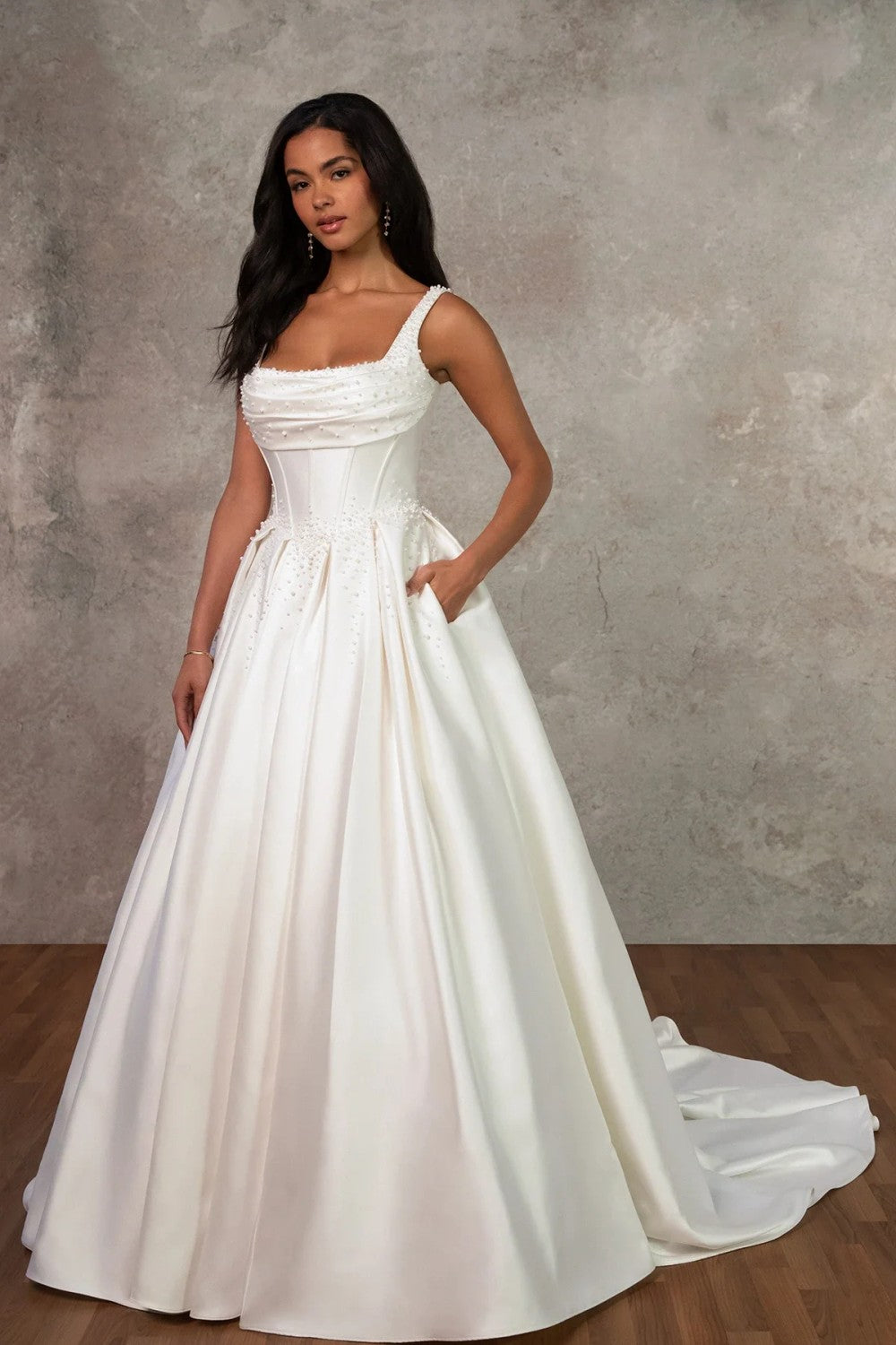 Chic And Modern Square-Neck Pearl-Adorned Ball Gown With Buttons by Essense of Australia — image 1 of 2