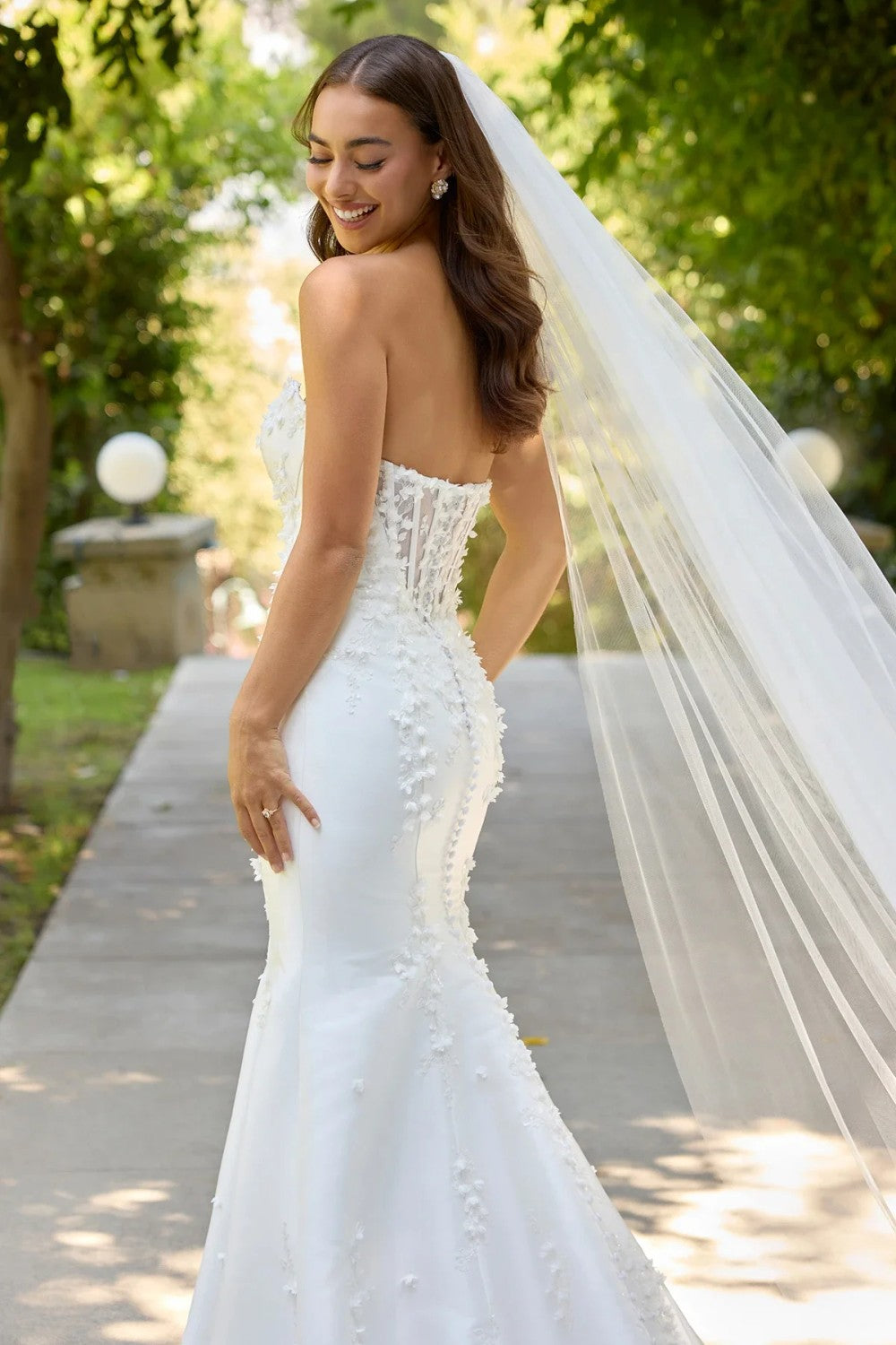Modern And Romantic Strapless 3D Floral Silk Fit-And-Flare Wedding Dress With Buttons by Essense of Australia — image 2 of 2